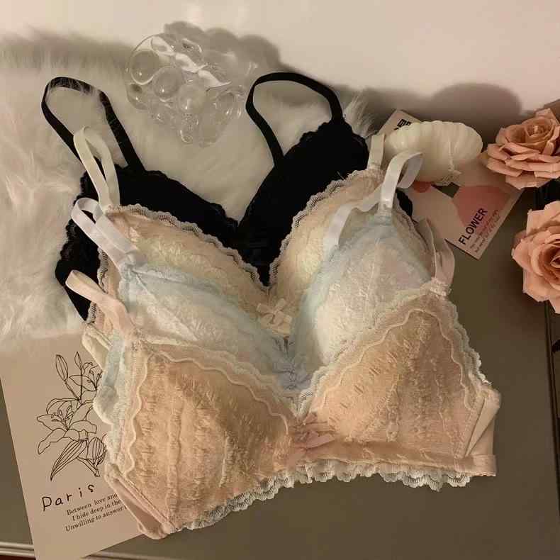 ブラジャー & ショーツ レディース 秋 無縫製 ワイヤレス レース 小胸 盛れる 三角ブラ セット シャンパン ピンク ホワイト ブラック