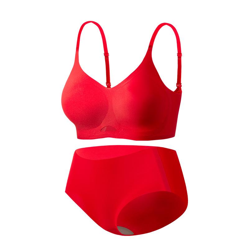 ブラジャー &amp; ショーツ レディース 女性用 赤色 下着 セットアップ 快適 通気性 無痕 U字型 美背 ..