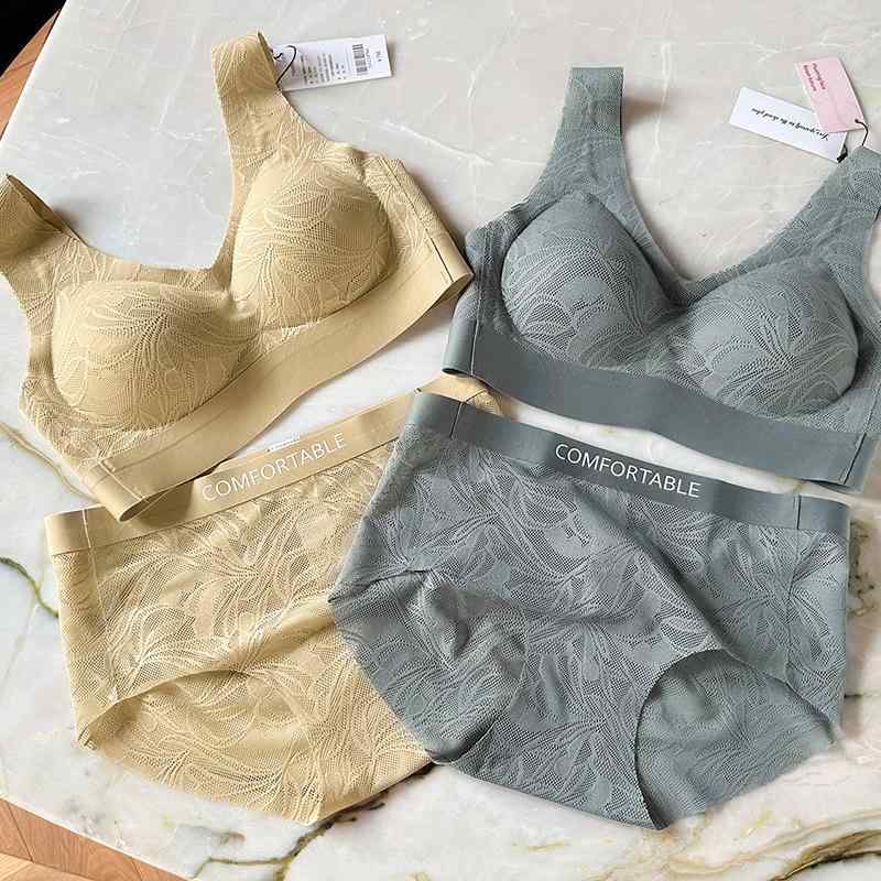 ブラジャー & ショーツセット レディース Vネック 背心式 快適 70ABC 75ABC 80ABC 85ABC 巻草レース 薄手 肩紐調整可能 グレーグリーン 浅茶色 接触冷感