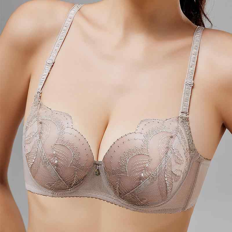 ブラジャー レディース 超薄型 刺繡 レース セットアップ 透明 3/4カップ ノンワイヤー 通気性 快適 寄..
