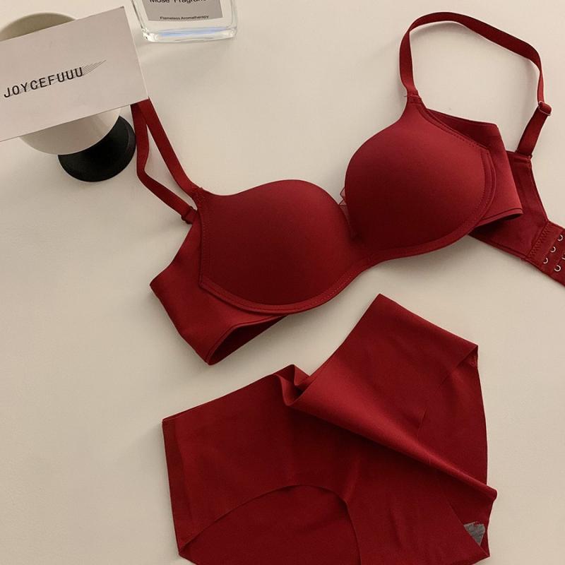 ブラジャー &amp; ショーツ レディース 赤色 下着 無縫製 小胸 盛れる 快適 ブラジャーセット 3/4カッ..