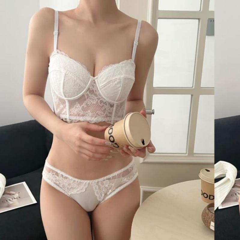 ブラジャー &amp; ショーツ レディース ビスチェ 軟鋼ワイヤー入り レース ランジェリー セットアップ ..