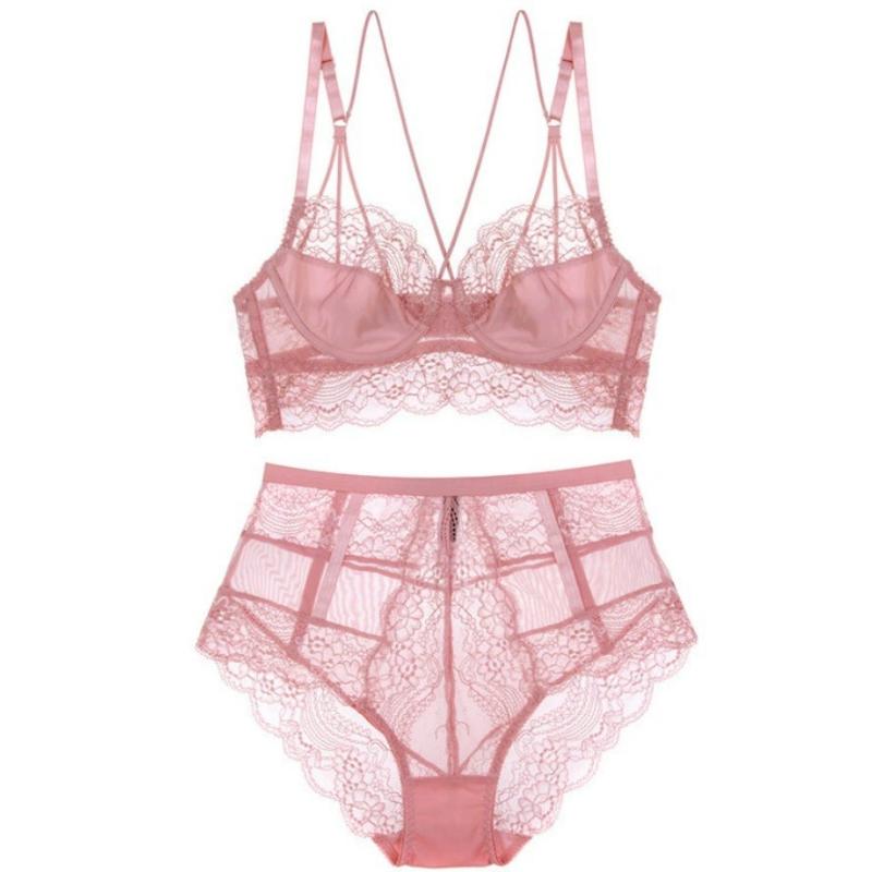 ブラジャー &amp; ショーツセット レディース 女性 超薄型 レース 聚拢 ブラセット 3/4カップ 超薄モー..