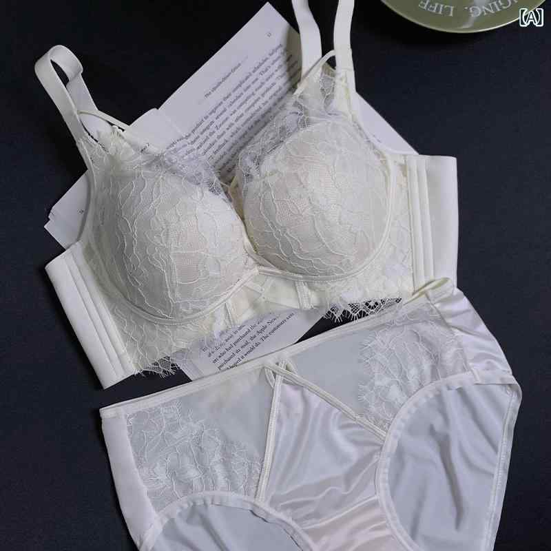 ブラジャー &amp; ショーツ セット レース 寄せ上げ 中厚カップ ワイヤーなし 美胸 調整型 3/4カップ 4段ホック シャンパン ホワイト