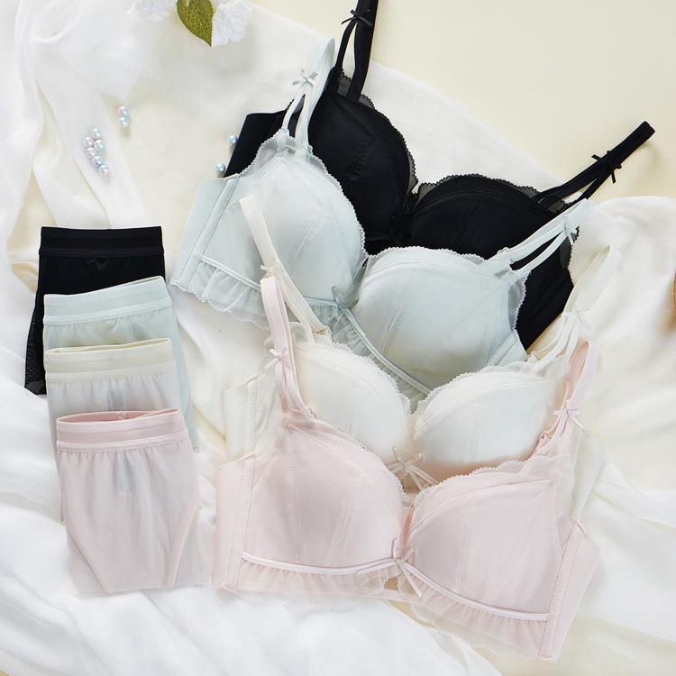 ブラジャー &amp; ショーツ レディース 3/4カップ 薄手 快適 ワイヤーなし 寄せ上げ 通気性 無地 米白 ..