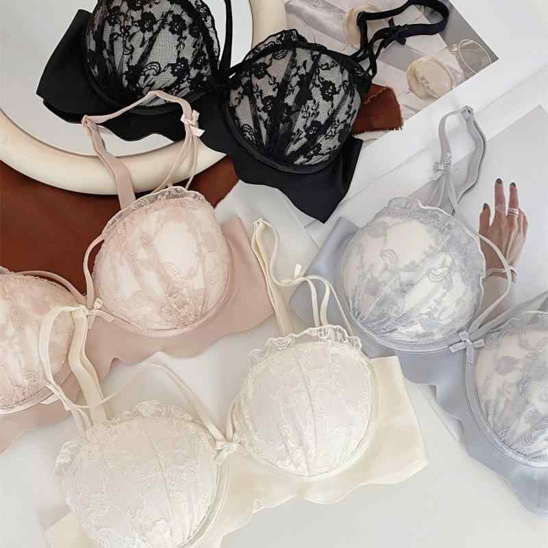 ブラジャー & ショーツ レディース 女性用 下着 セット 谷間 盛れる レース ノンワイヤー 3/4カップ 通気性 ずれにくい 快適 美背 調整可能 肩紐 後ろホック ブラック ピンク系 ブルー オフホワイト