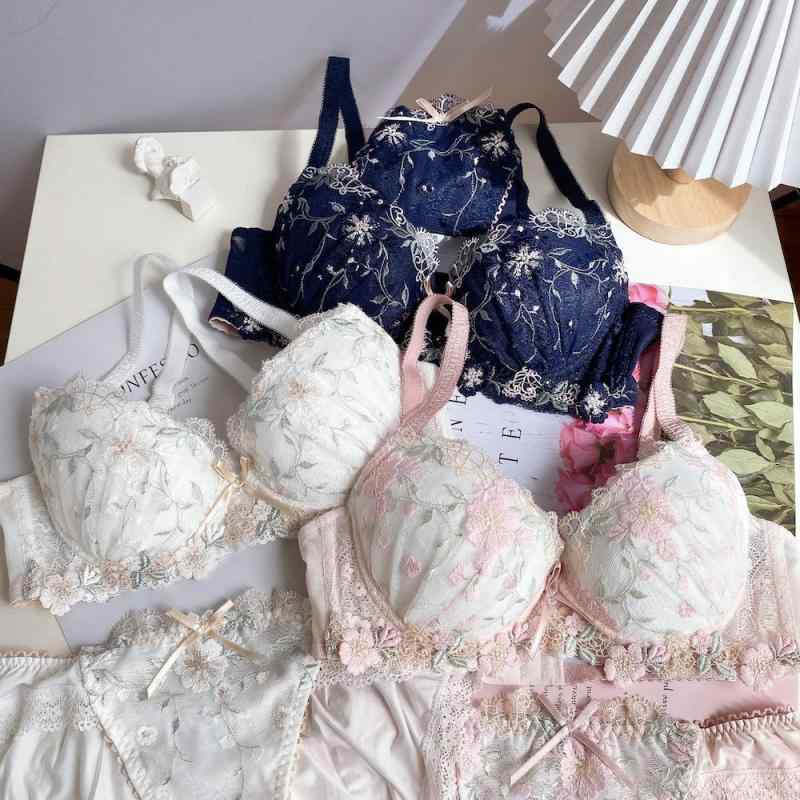 ブラジャー & ショーツ レディース レース 刺繡 小胸 薄手 3/4カップ 寄せ上げ ソフトワイヤー ピンク ホワイト 紺
