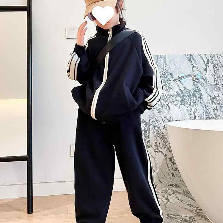 キッズ パンツスーツ 2点セット 女の子 秋冬 ストライプ柄 カーディガン 長ズボン 上下セット 普段着 通学着 ブラック 120cm 130cm 140..