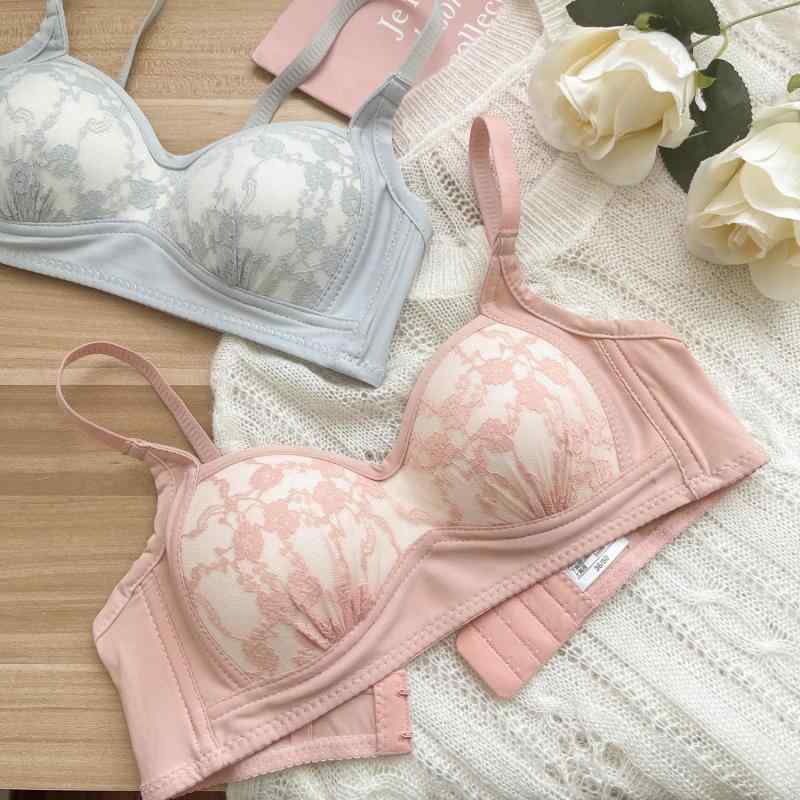 ブラジャー & ショーツセット レディース レース 薄型パッド ワイヤレス 3/4カップ 谷間メイク 通気性 ノンワイヤーブラ シャンパン色 ブラック 浅ブルー ピンク系