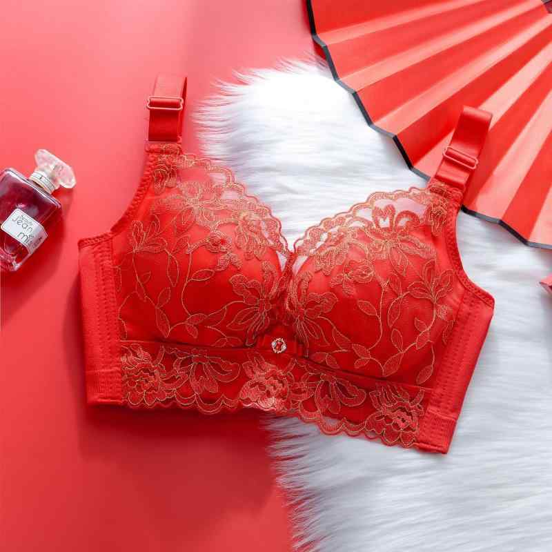 ブラジャー & ショーツセット レディース 補正 3/4カップ 脇高 谷間メイク 結婚式 贅沢 レース 聚拢 上托 美背 調整型 側收 補正下着 赤 錦綸 粘纤