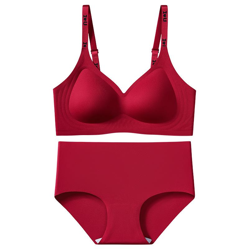 ブラジャー&amp;ショーツセット レディース 赤色 幸運 無縫製 小胸 盛れる フルカップ