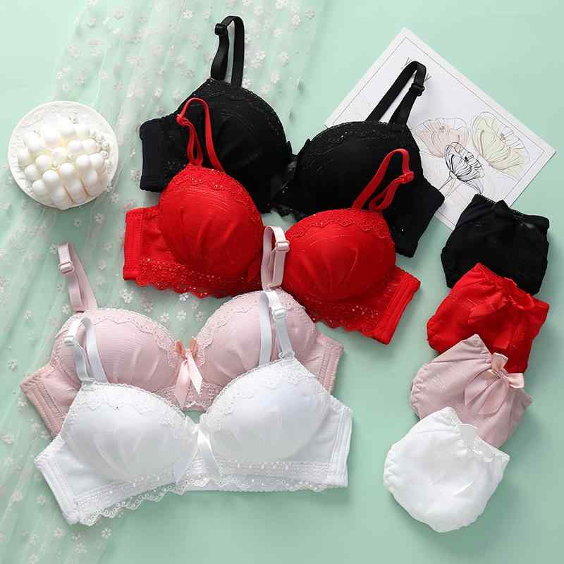 ブラジャー レディース レース ノンワイヤー ブラジャー&ショーツ セット 薄手カップ モールドカップ 谷間メイク 美背 通気性 モダール レッド ブラック ホワイト ベージュ 70AB 75AB 80AB 85AB 春夏