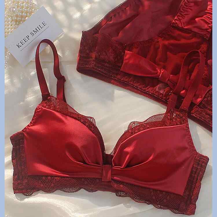 ブラジャー &amp; ショーツ レディース 小胸 盛れる ノンワイヤー 調整型 下着 セット 赤色 ランジェリ..
