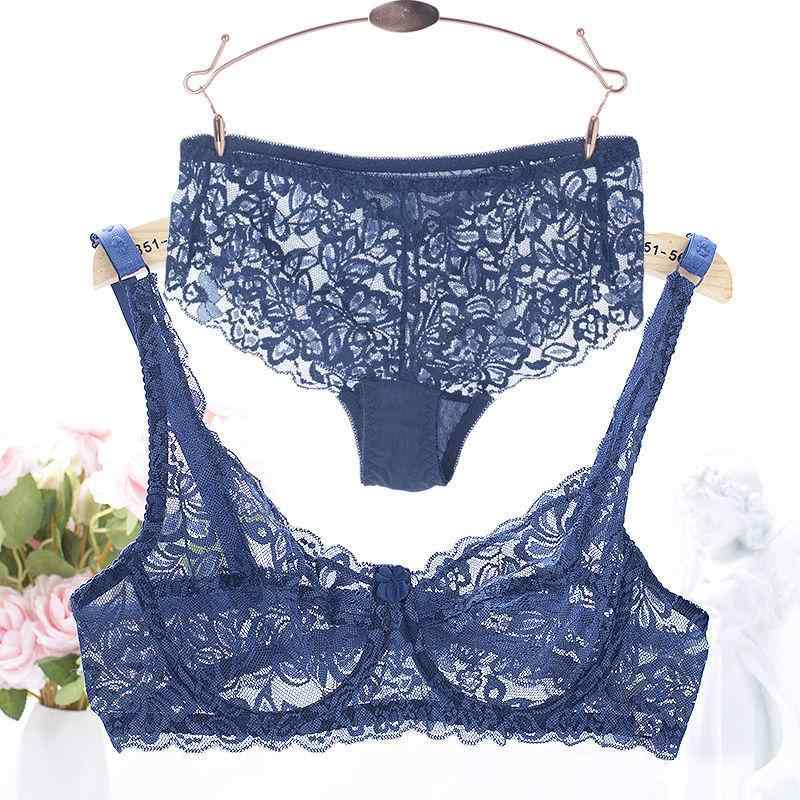 ブラジャー & ショーツ レディース 女性用 セクシー 総レース 透け感 通気性 超薄型 快適 柔らかい 1/4カップ ノンワイヤー 調整可能 ダブルホック ブルー ブラック パープル ホワイト ベージュ ピンク レッド