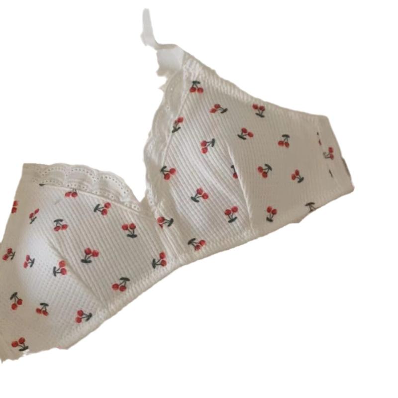 ブラジャー レディース 薄型 3/4カップ 櫻桃柄 ストロベリー柄 ノンワイヤー 伸縮性 通気性 快適 少女 10代