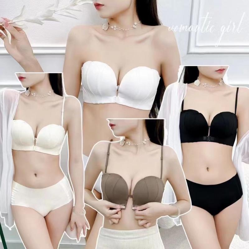 ブラジャー レディース ハーフカップ ノンワイヤー ストラップレス ずれにくい 小胸 盛れる 通気性 バックシャン 美背 無地 ホワイト シャンパン カーキ ブラック
