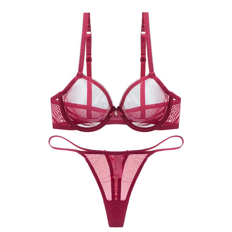 ブラジャー &amp; Tバック セット レディース 超薄手 メッシュ シースルー 3/4カップ ワイヤー入り 快..