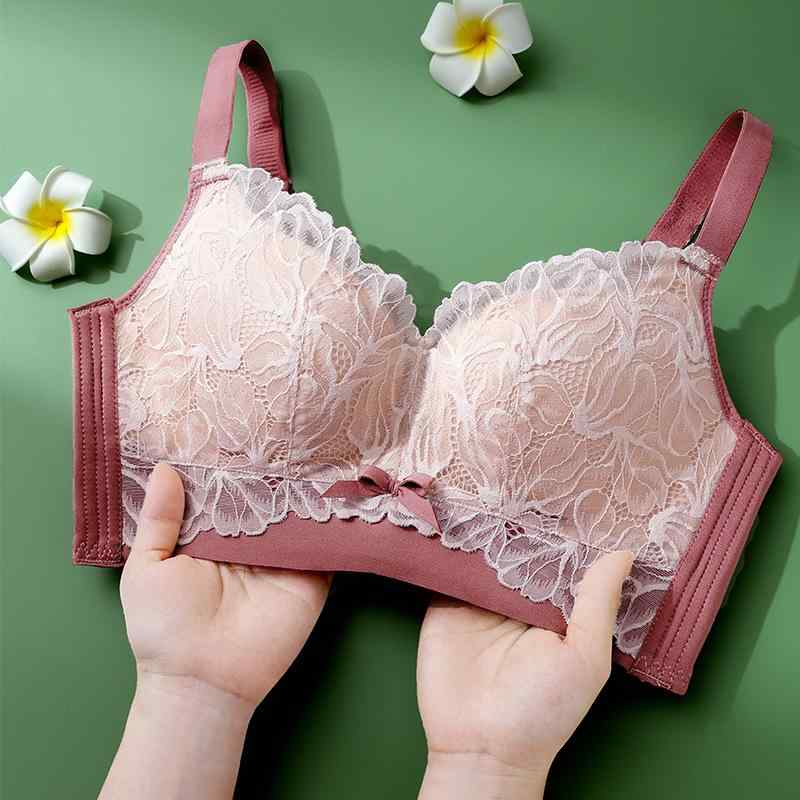 全组 - ブラジャー & ショーツセット レディース レース 花柄 透け感 通気性 柔らかい モールドカップ バストアップ ずれ防止 ベージュ パープル グリーン