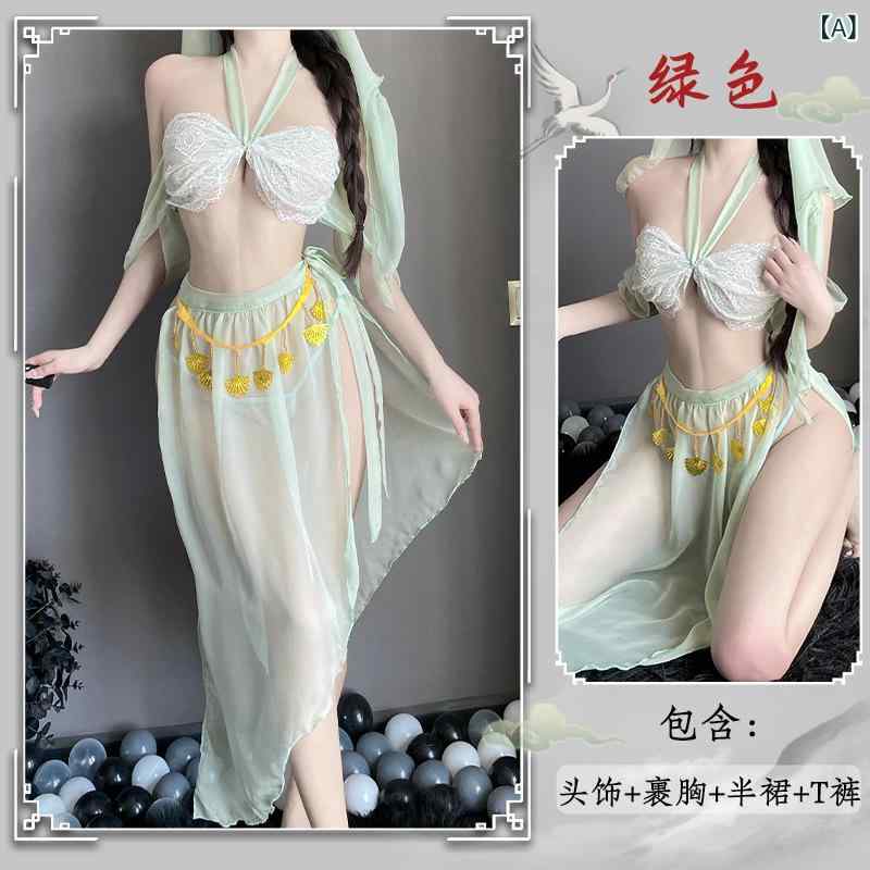 下着 レディース 古風 漢服 セクシー ベアトップ ポリエステル 蝶々 誘惑 セットアップ コスチューム Roleplay かわいい 少女 形状 緑色 ピンク系