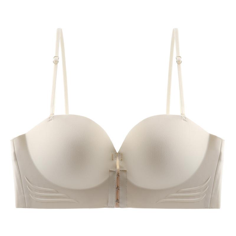 ブラジャー レディース 春夏 前開き ノンワイヤー シームレス ストラップレス ずれにくい 厚手 パッド 快適 通気性 ベージュ ブラック