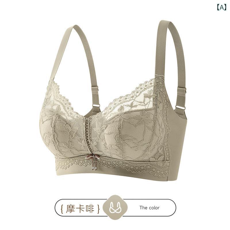 ブラジャー レディース 小胸 盛れる 寄せ上げ ノンワイヤー 3/4カップ レース 通気性 快適 美背 モカ啡 玫粉 灰藍 ブラック 75B 80B 85B 90B 2