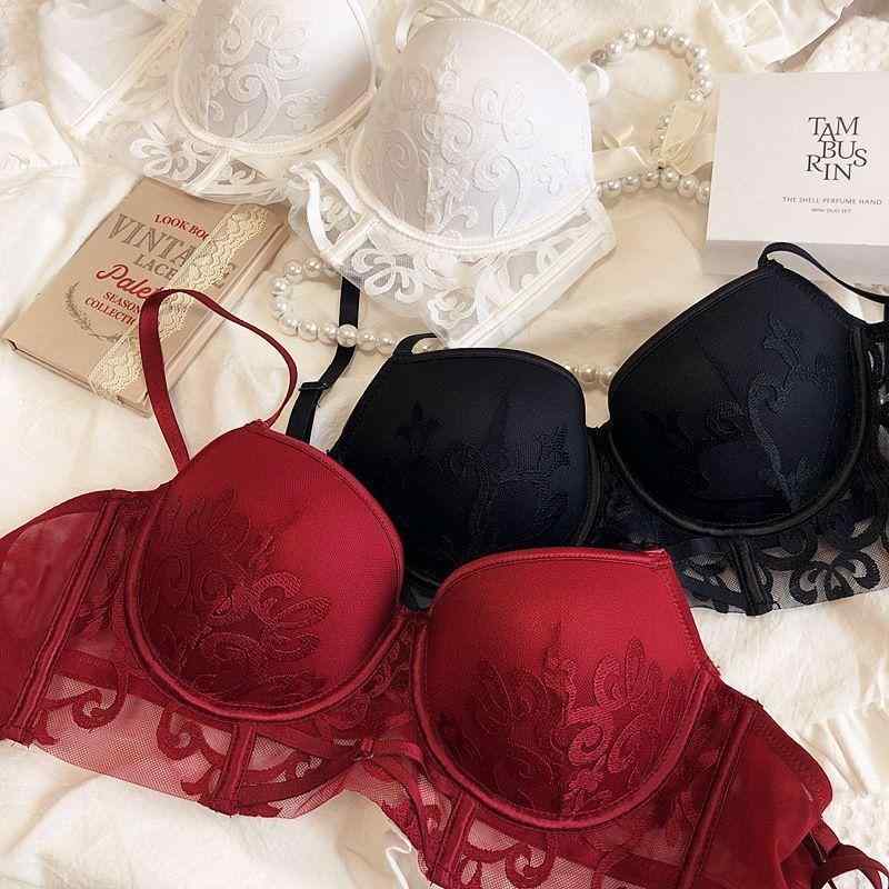 ブラジャー &amp; ショーツ レディース 赤 レース 刺繍 3/4カップ 谷間メイク 盛りブラ 快適 通気性