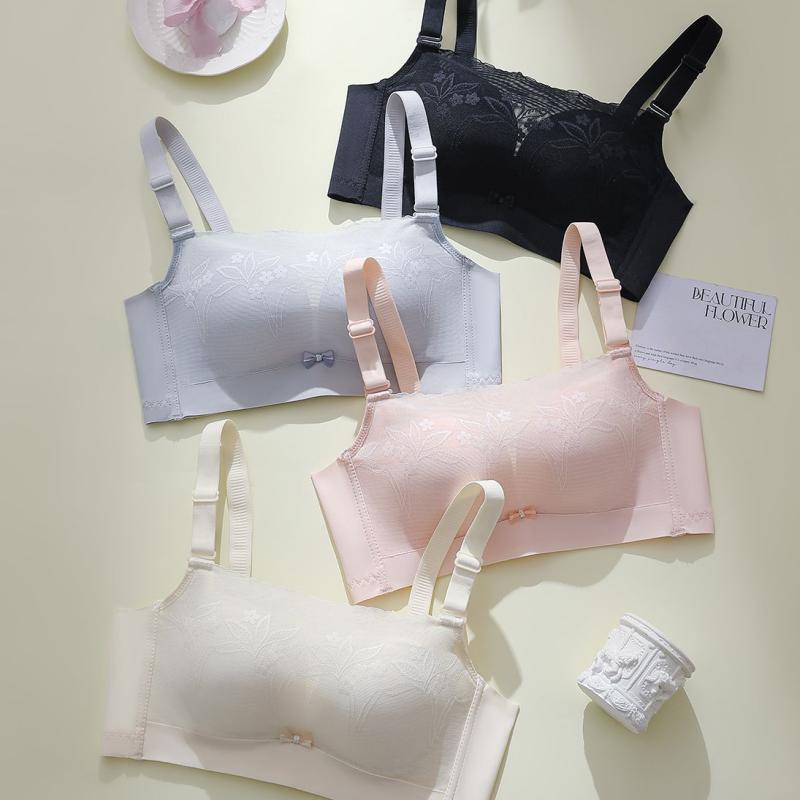 ブラジャー レディース 3/4カップ 中厚 ノンワイヤー ずれ防止 花柄レース 肌色 黒 白 調整型
