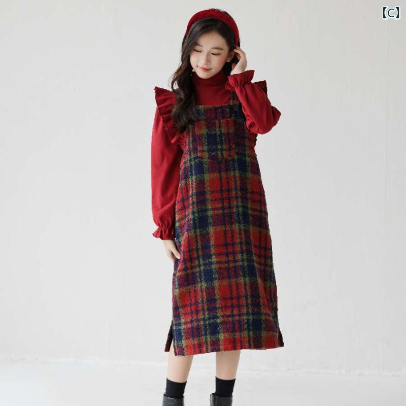 子供用セットアップ 秋冬 女の子 チェック柄 サスペンダースカート トップス 2点セ...