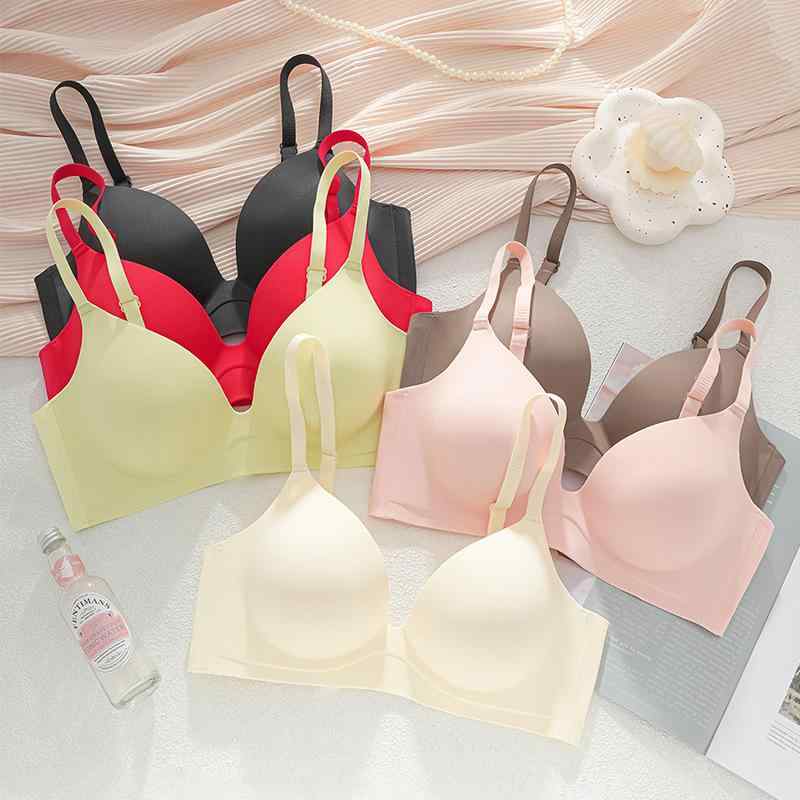 ブラジャー レディース 小胸 盛れる 厚手 パッド 美背 無鋼圈 ノンワイヤーブラ セット 3/4カップ ナイロン シャンパン ピンク ブラック ベージュ 快適