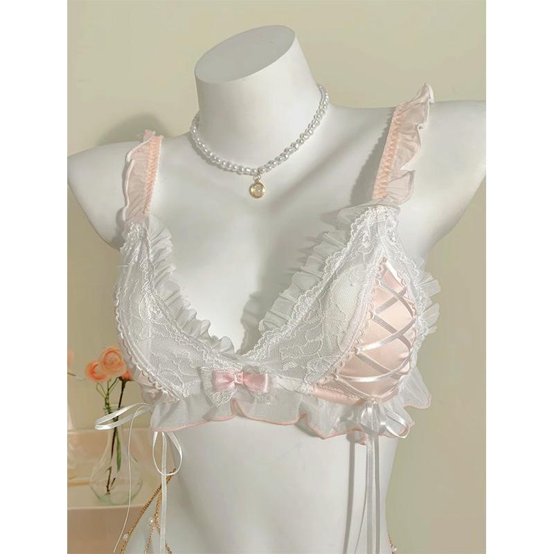 ブラジャー レディース レース 薄型 ロリータ風 三角ブラジャー うさ耳 胸パッド付き ランジェリー か..