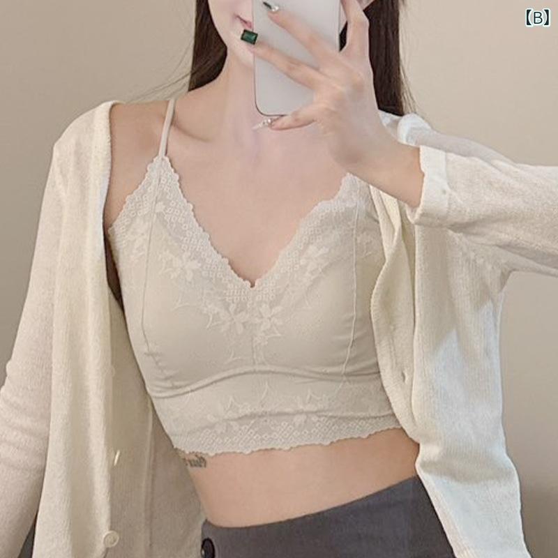 キャミソール レディース レース Vネック カップ付き ブラトップ インナー 肌着 ノンワイヤー ナイトブラ 部屋着 ルームウェア