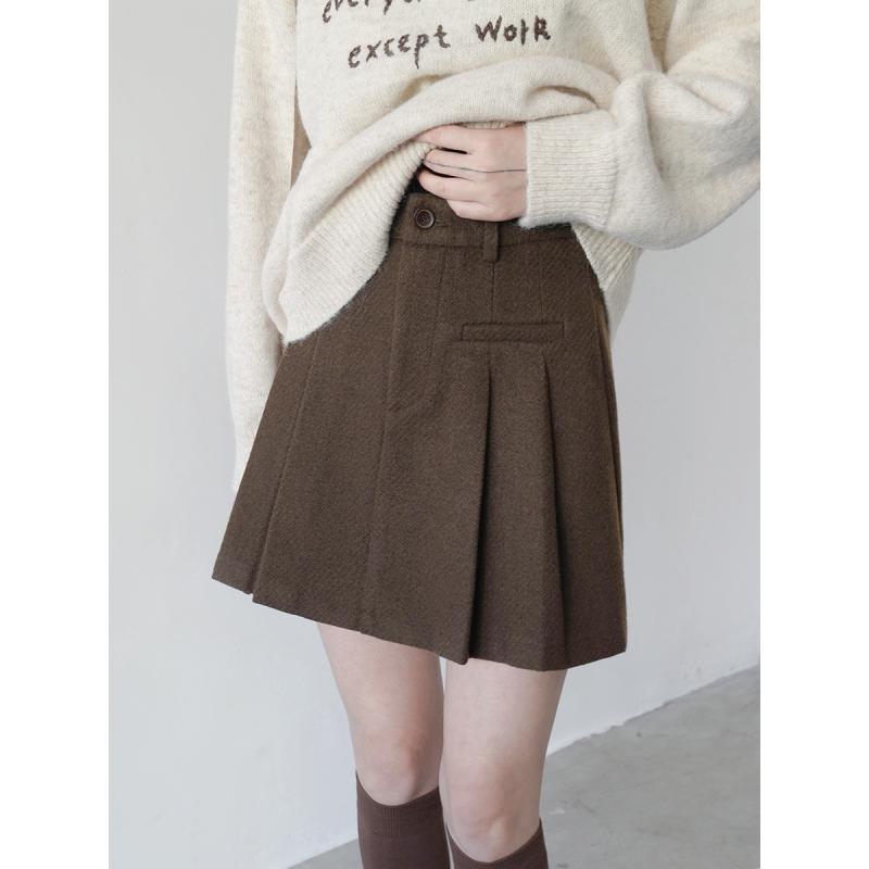 スカート レディース 秋冬 毛織物 ミニスカート Aライン 韓国風 レトロ ハイウエスト 着痩せ プリーツ..