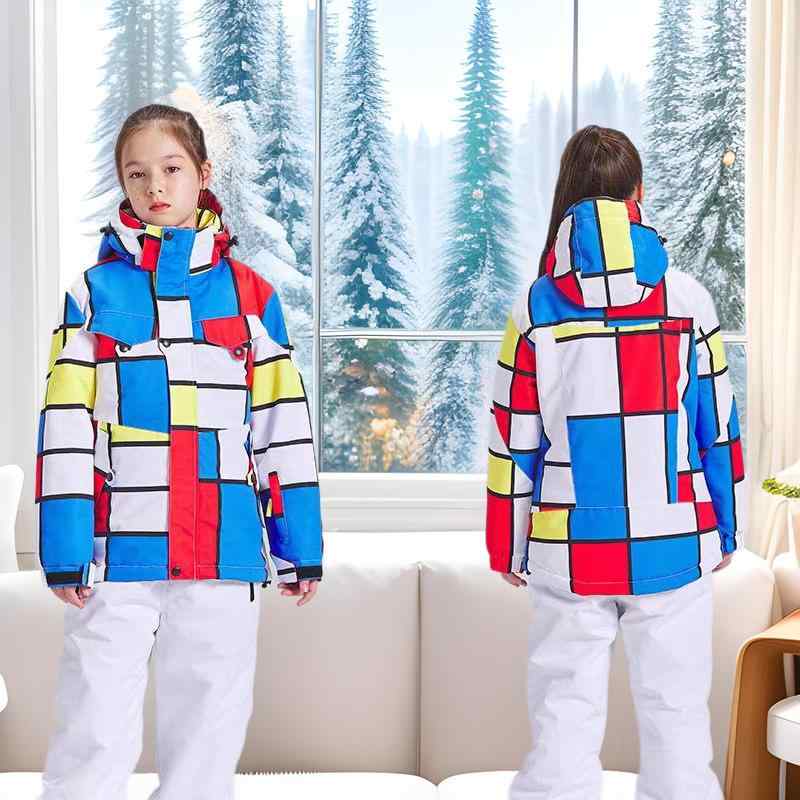 キッズ スキーウェア 上下セット 防寒 防水 防風 アウトドア スノーボードウェア パープル チェック柄 ..