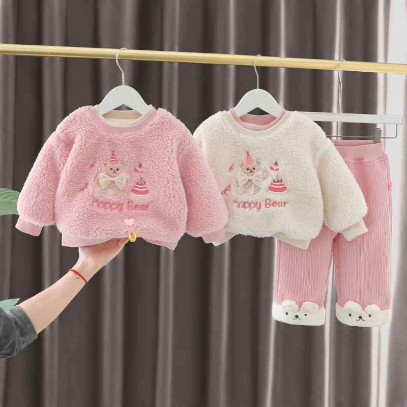 子供服 スウェット ベビー 裏起毛 上下セット 秋冬 洋風 かわいい クマ 2点セット 幼児 長袖 トップス 長ズボン ピンク系 ホワイト 70 80 90 100