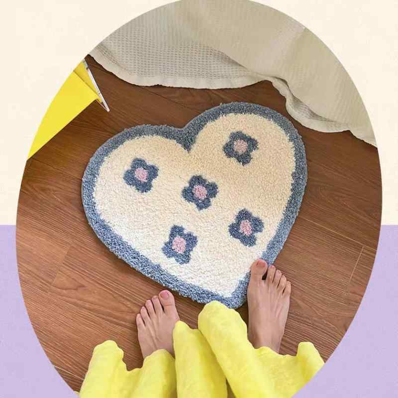 Kitchen Mats - マット レディース ベッドサイド フロアマット ハート かわいい 韓国風 植毛 滑り止め リビング 寝室 インテリア 黒 ベージュ 紫 緑 ピンク 赤 青 黄