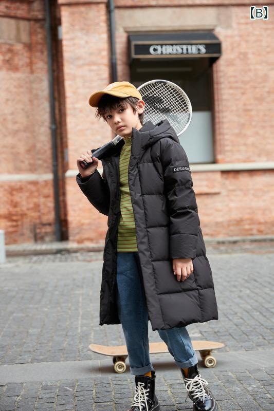 キッズ 男女兼用 ダウンジャケット 中綿入り コート ロング丈 フード付き 子供服 アウター 撥水 厚手 ピンク ブラック ネイビー ブルー グレー 120cm 130cm 140cm 150cm 160cm 170cm 2