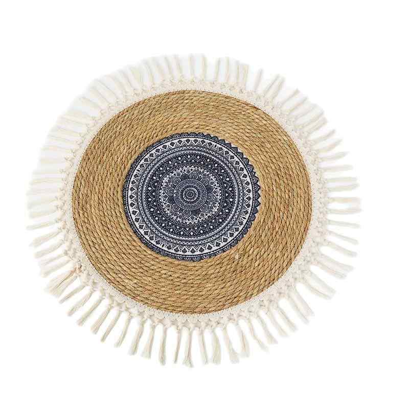 座布団 フロアクッション 円形 薄型 蒲草 房飾り 滑り止め ヨガ 瞑想 籐 ラグ