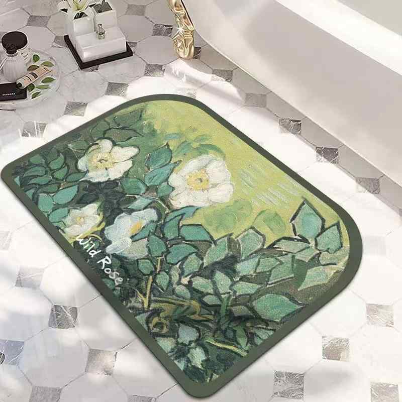 マット 美式油絵柄 ポリエステル 玄関マット バスマット トイレマット 吸水 速乾 滑り止め付き 梯形 長..