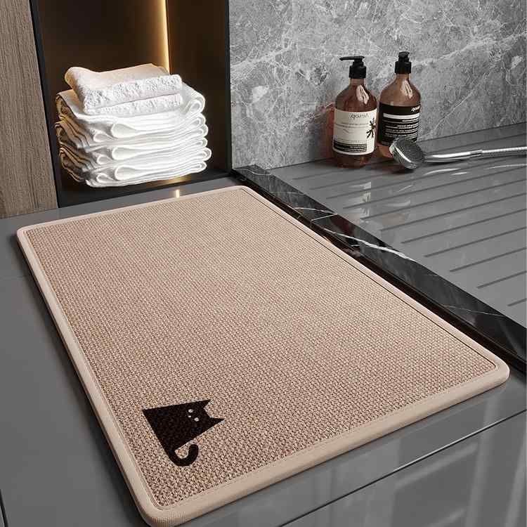 フロアマット 玄関マット バスマット 浴室 吸水 速乾 滑り止め 洗える かわいい 猫柄 赤 レッド グレー ブラウン 麻 リネン シンプル