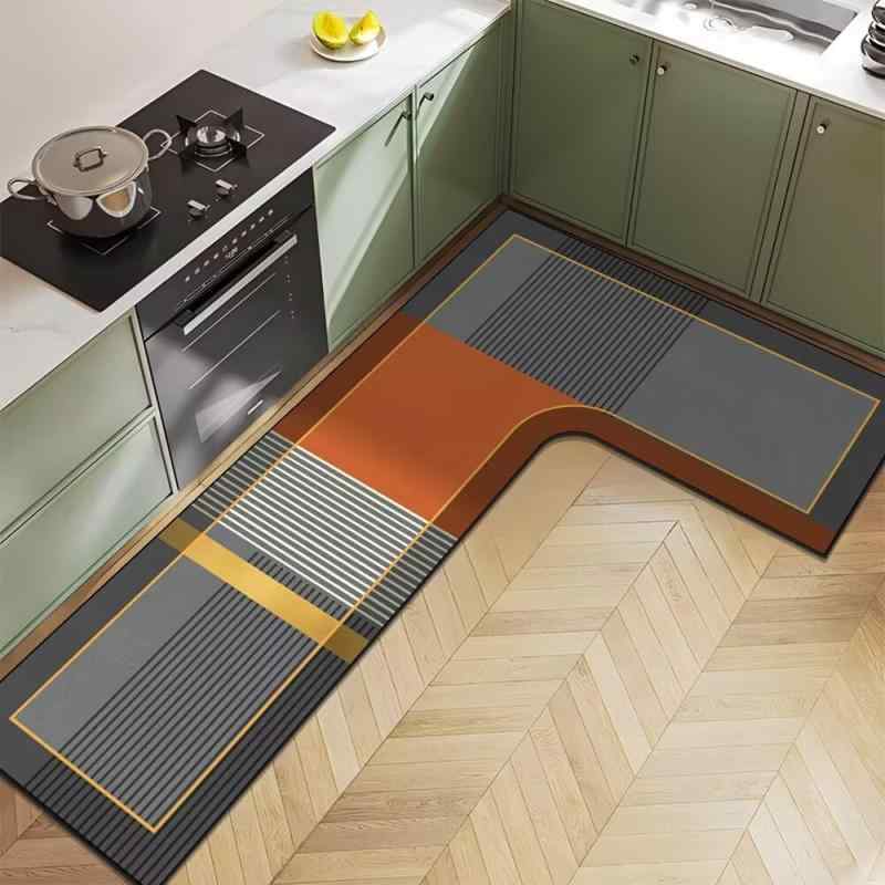 キッチンマット L字型 ポリエステル ストライプ 幾何学模様 吸水 速乾 防滑 水洗い 80 120cm 80 150cm 100 120cm 100 150cm