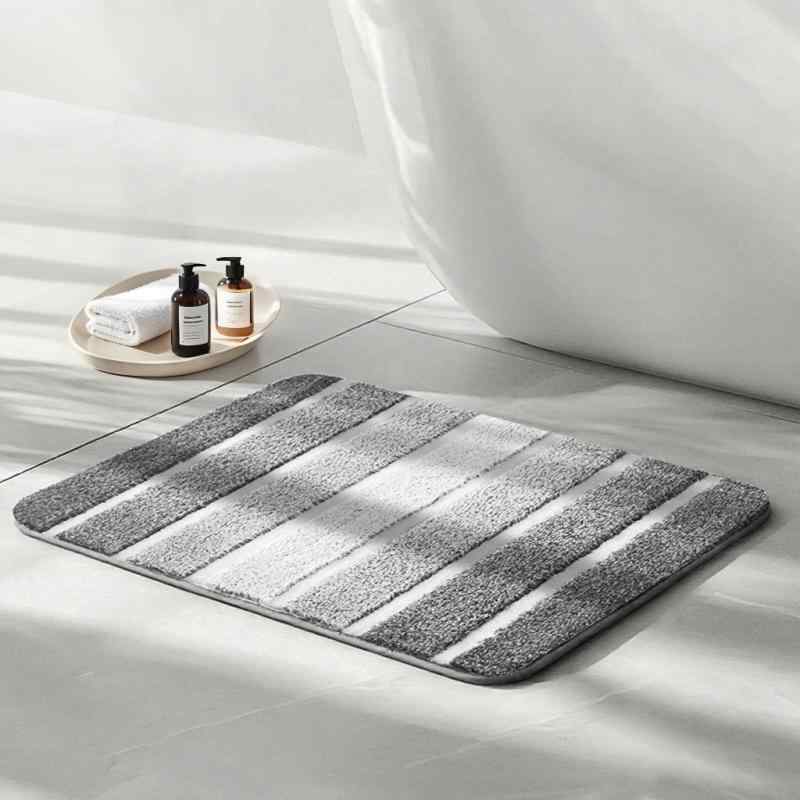 玄関マット バスマット ストライプ柄 ポリエステル 浴室 吸水 速乾 滑り止め付き 洗える ベージュ ブラ..