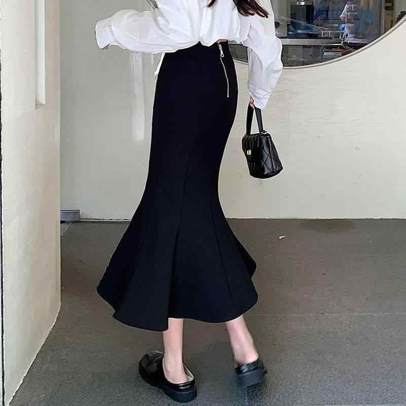 デニムスカート レディース 黒 膝丈 Aライン マーメイド タイトスカート ミモレ丈 ハイウエスト スリット 着痩せ 美脚 かわいい 伸縮性 通勤 通学