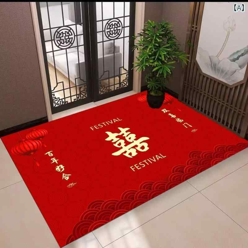 玄関マット 結婚式用 ドアマット 吸水 滑り止め 家庭用 水晶絨 中国風 レッド 赤色 正方形 40cm 50cm 6..