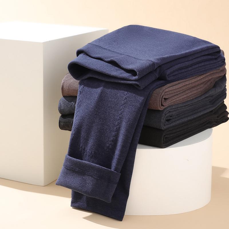 メンズ 膝サポーター付きウールシルク混紡保温アンダーパンツ 男性用 スパッツ レギンス 羊毛 静電気防止 発熱 厚手 ブラック 黒 グレー 灰色 紺 ネイビー L XL XXL 3L 4L