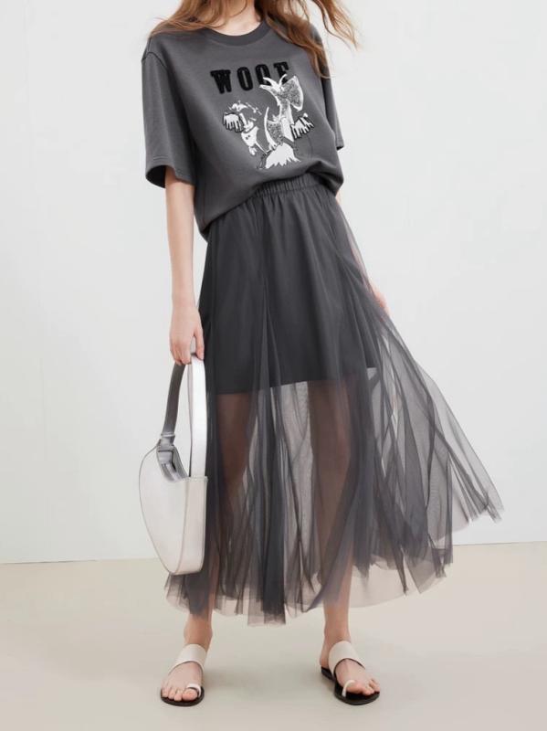 スカート レディース 春夏 メッシュ ロングスカート ハイウエスト 無地 魚尾スカート マーメイドスカート エレガント グレー ポリエステル