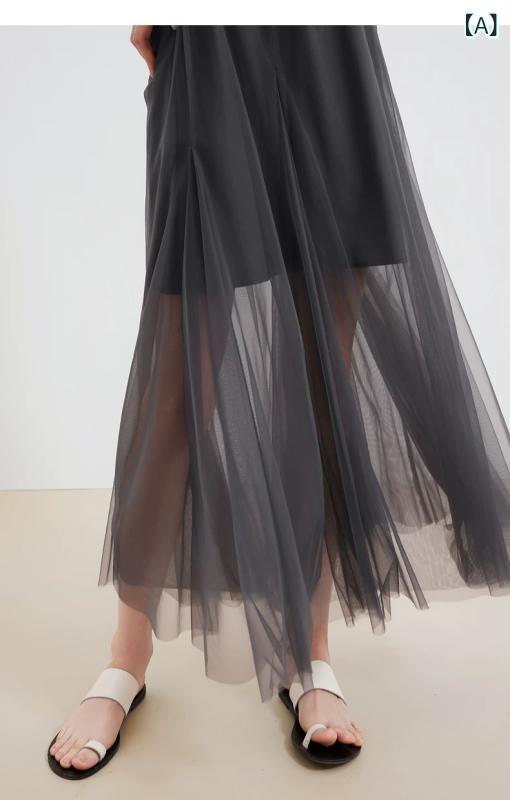 スカート レディース 春夏 メッシュ ロングスカート ハイウエスト 無地 魚尾スカート マーメイドスカート エレガント グレー ポリエステル