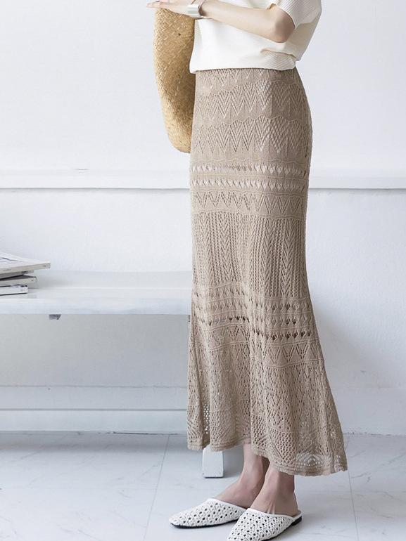 スカート レディース 春夏 韓国風 Aライン 高腰 魚尾 包臀 ミモレ丈 ニット 伸縮性 ポリエステル ブラック ベージュ(4.0)