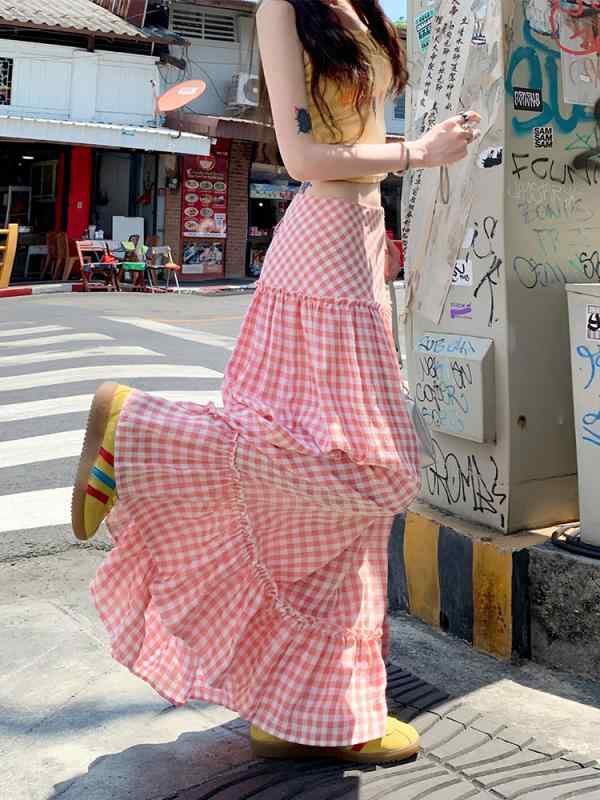 スカート レディース 高身長 格子柄 ハイウエスト ロングスカート マーメイドスカート 春夏 赤色系 伸縮性