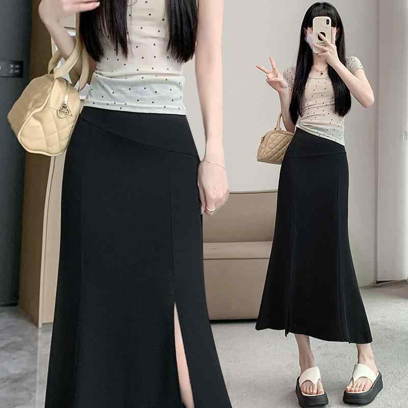 スカート レディース 春夏 マーメイドスカート ロング丈 ハイウエスト スリット Aライン 無地 ポリエステル ブラック きれいめ 通勤 オフィス