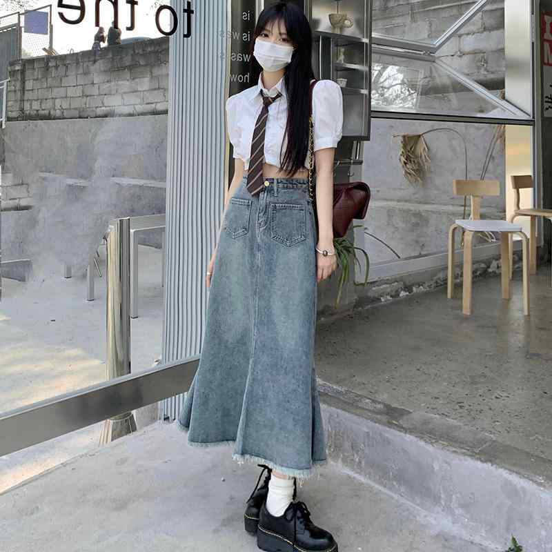 デニム スカート レディース ミモレ丈 ロング丈 ハイウエスト 着痩せ 魚尾 マーメイド フリンジ 学院風 普段使い